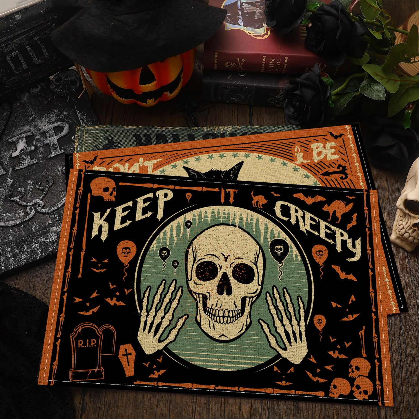 Umigy 6 Pcs Halloween Placemats 12"x18" Gothic Bat Placemats Kitchen Decoration Washable Witch Place Mats Rectangle Skull Table Mats for Halloween Dining Table Accessories(Scary)