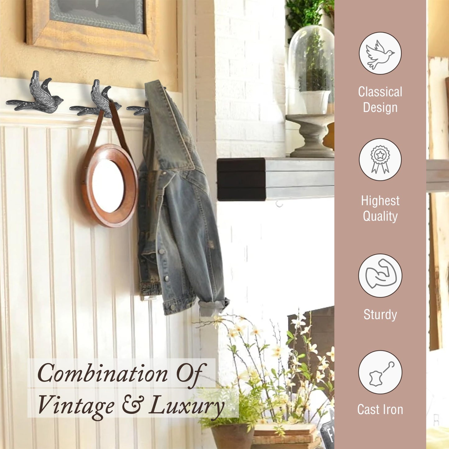 Flying Bird Decorative Wall Hooks (5 Pack) Cast Iron, Silver Coat Hooks, Wall Mounted - Farmhouse Decor, Hooks for Coats, Bags, Hats, Towels, Easy to Install (Antique Silver Hooks)