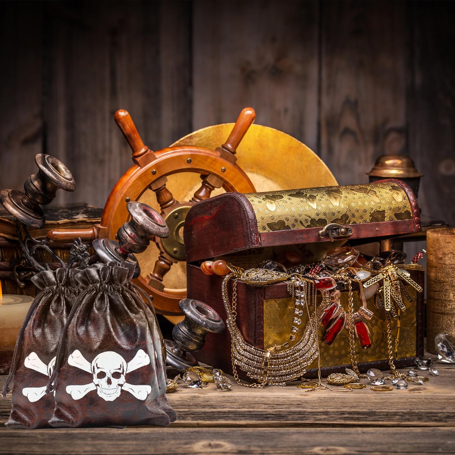 Jopffol 12 Pcs Pirate Loot Bags Goodie Bag with Drawstring,Faux Cow Skin Pirate Treasure Bags for Birthday Party Favors Supplies,Dice Bag Accessories for Party Decorations