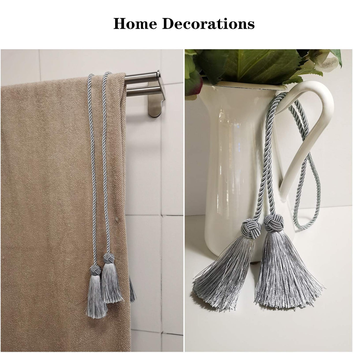 Porlau Elegant Curtain Tiebacks Rope Decorative Curtain Tie Backs for Drapes Hand Woven Window Treatment Holdbacks with Tassel, Grey 6pack