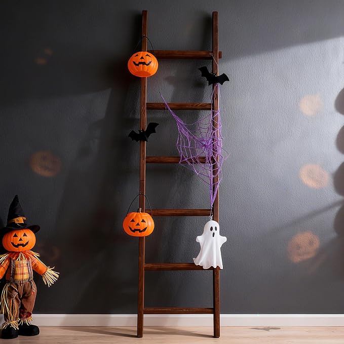Wooden Blanket Ladder - Natural & Motley Wood - Leaning Wall Decor for Bedroom, Bathroom, Living Room - Rustic Quilt Holder & Towel Rack (Walnut Color, 76in(6-Tier))