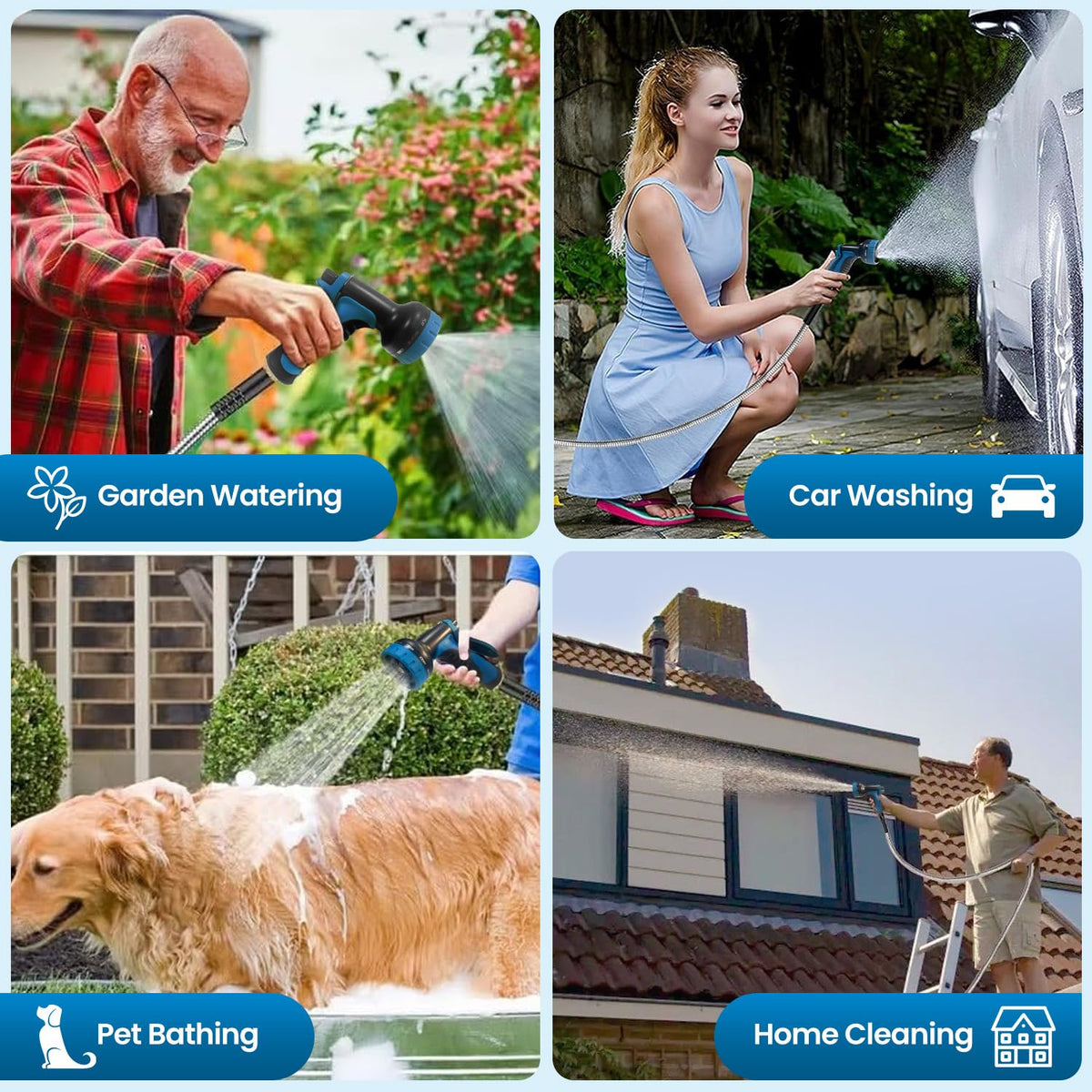 Garden Hose 50FT, Water Hose with 10 Function Nozzle, Garden Hose Metal with Leak-proof Connectors, Kink-Free & Ultra Flexible, Rust/Pet/Puncture Proof for Lawn, Yard, RV, Car Wash, 550PSI