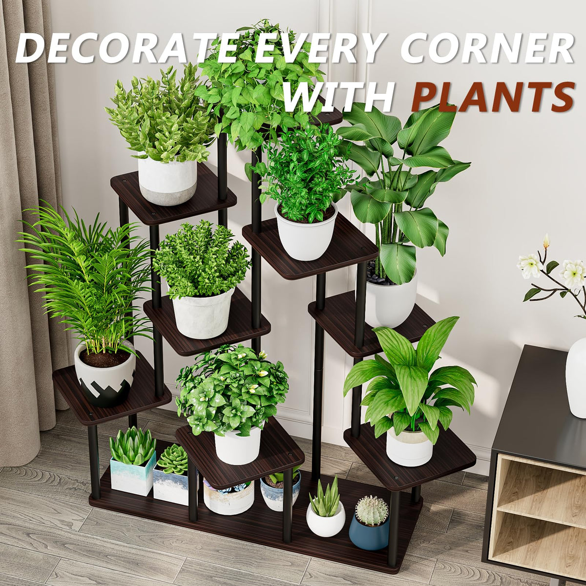 AZERPIAN Plant Stand 9 Tier Indoor Metal Flower Shelf for Multiple Plants Corner Tall Flower Holders for Patio Garden Living Room Balcony Bedroom, Black Oak
