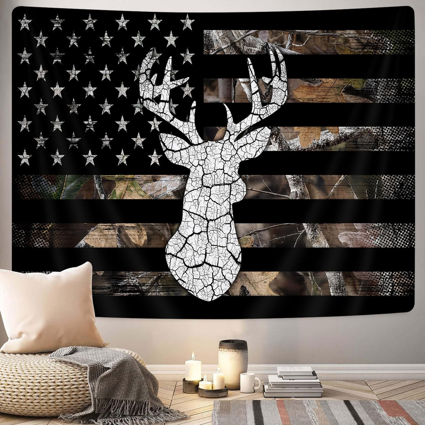 GOAOK Western Tapestry Black White American Flag, Country Deer Hunting Camo Tapestries for Men Guys Room Decor, Tapestry Wall Hanging Poster Blanket College Dorm Cool Indie Room 60"X40"