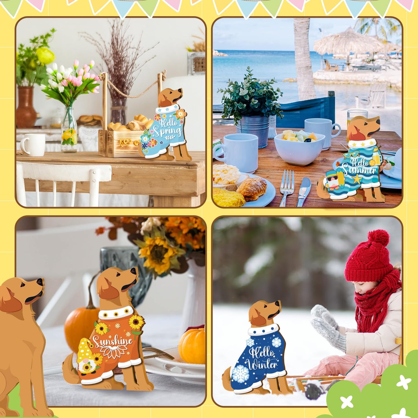 Barydat 16 Pcs Seasonal Dachshund Table Sign for All Seasons Lovely Interchangeable Table Decoration, Wooden Rustic Holiday Centerpieces Summer Patriotic Dachshund Independence Day Sign(Cute Dog)