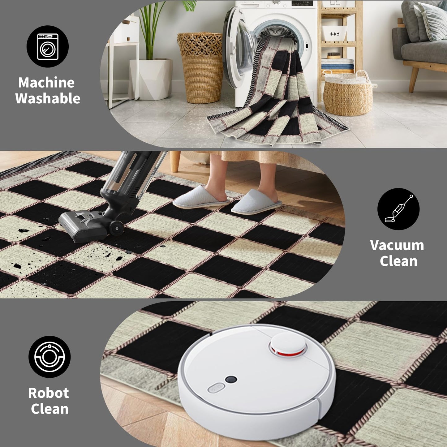 Yinhua Checkered 5x7 Area Rugs Black Farmhouse Washable Area Rug for Living Room Non Slip Soft Faux Wool Distressed Rugs for Bedroom, Classic Checkerboard Throw Rug for Nursery Office Playroom