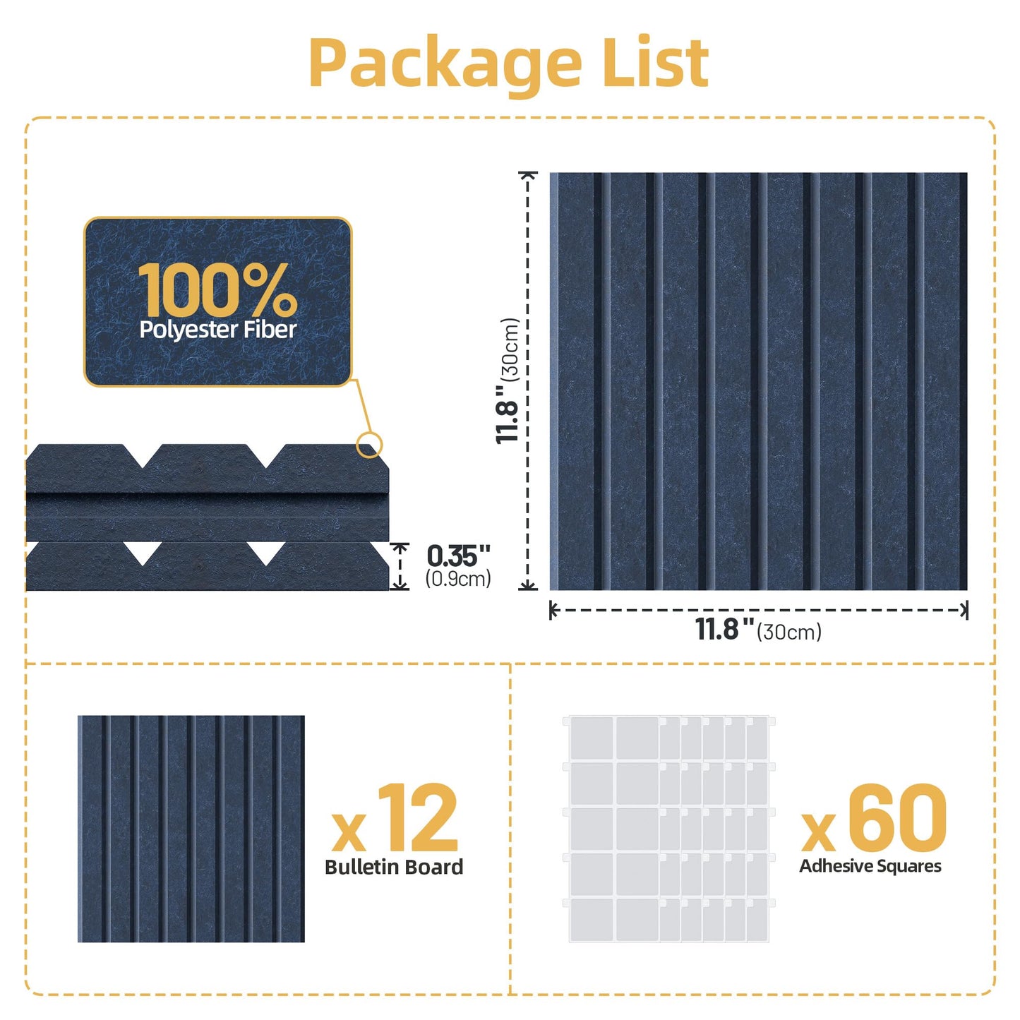 Large Cork Board for Wall 36" x 48" Blue Bulletin Board with Safe Removable Adhesive Squares for Pictures Photos, Alternative CorkBoard Felt Pin Boards Tiles for Office Classroom Wall Decor - 12 Pack
