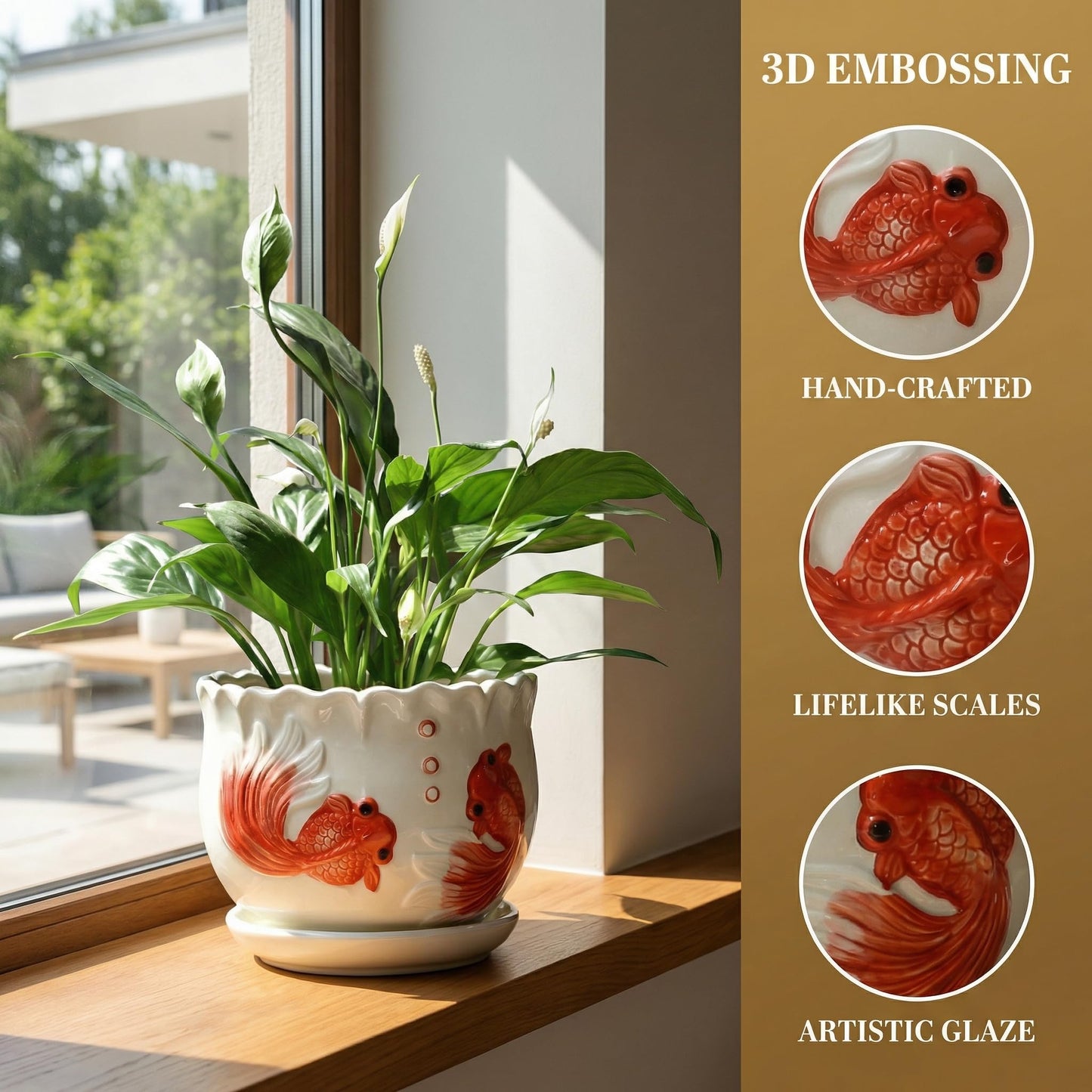 KinzhaoAuroia Ceramic Planter with Saucer - 3D Embossed Goldfish Design, Scalloped Edge Decorative Flower Pot for Indoor Outdoor Succulent Cactus, White Porcelain Plant Container with Drainage Hole