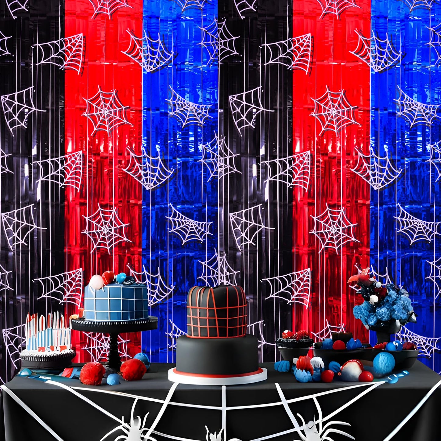Bupelo Spider Web Birthday Decorations, 2 Pack Spider Party Supplies 3.3x6.6ft Tinsel Foil Fringe Curtains, Red Black, and Blue Photo Booth Prop Backdrop Streamer, Birthday Decor, Party Decor for Boys