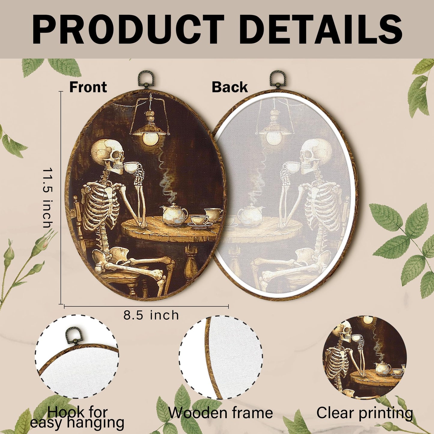 EGVQK Vingate Halloween Skeleton Oval Wall Art Decor, Spooky Gothic Skull Framed Canvas Prints Wall Art, Dark Academia Oval Canvas Hanging Decor for Coffee Bar Halloween Decoration Indoor, 8.5x11.5in