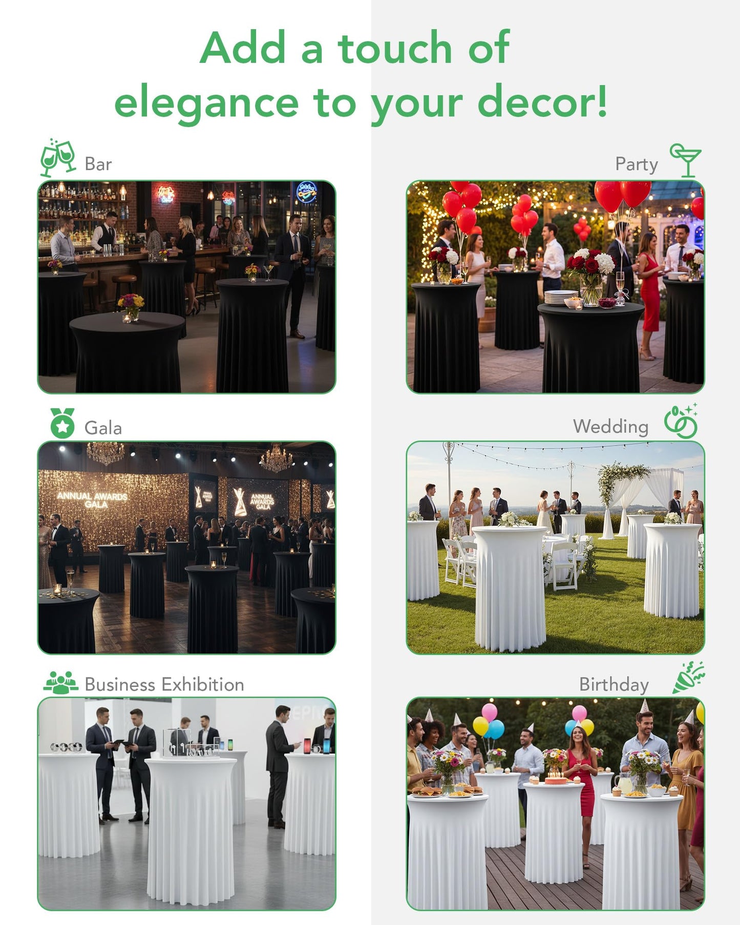KeyWave Cocktail Table Tablecloth with Skirts - 32x43 Inch Wavy Spandex High Top Cocktail Table Covers, Ruffle Drape Highboy Tablecloth Reusable for Party Wedding Cake Standing Table, Black, 6 Pack