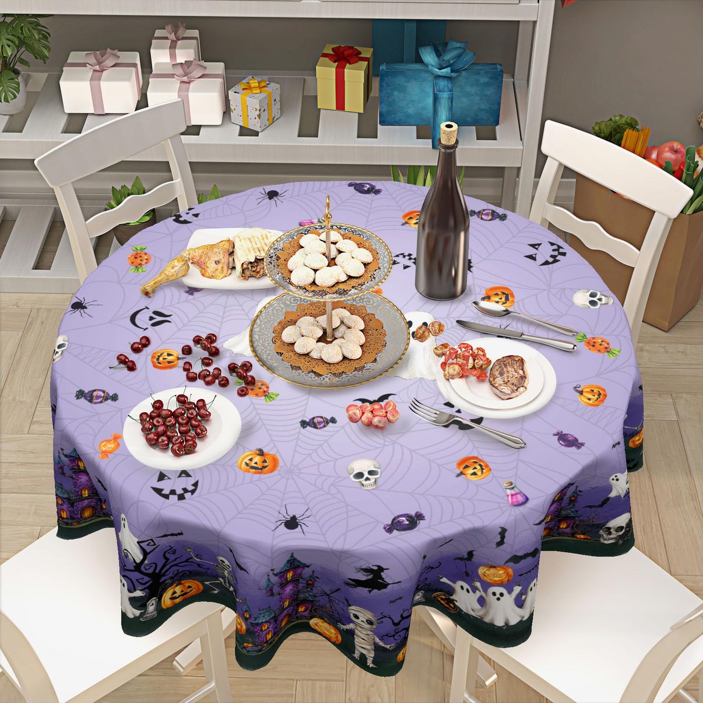 Ancordivo Halloween Round Tablecloth 60 Inch Purple Castle Spooky Pumpkin Ghost Bat Spider Web Table Cloth Rustic Holiday Table Cover for Kitchen Dinner Home Decor