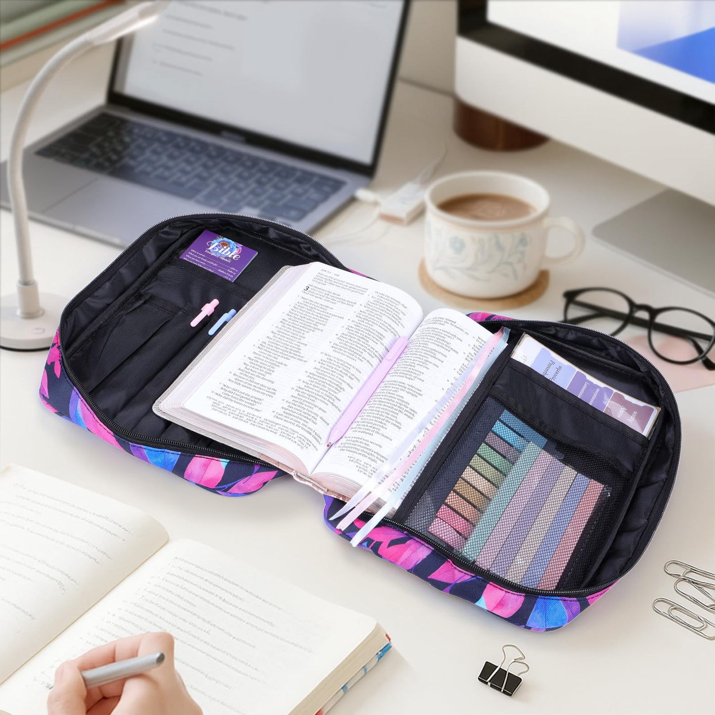 XKDOUS Bible Cover Case Canvas Bible Bag Book Carrying Case with Handle, Study Supplies Organizer Church Book Carrier Christian Gifts for Women, Mom, Lady