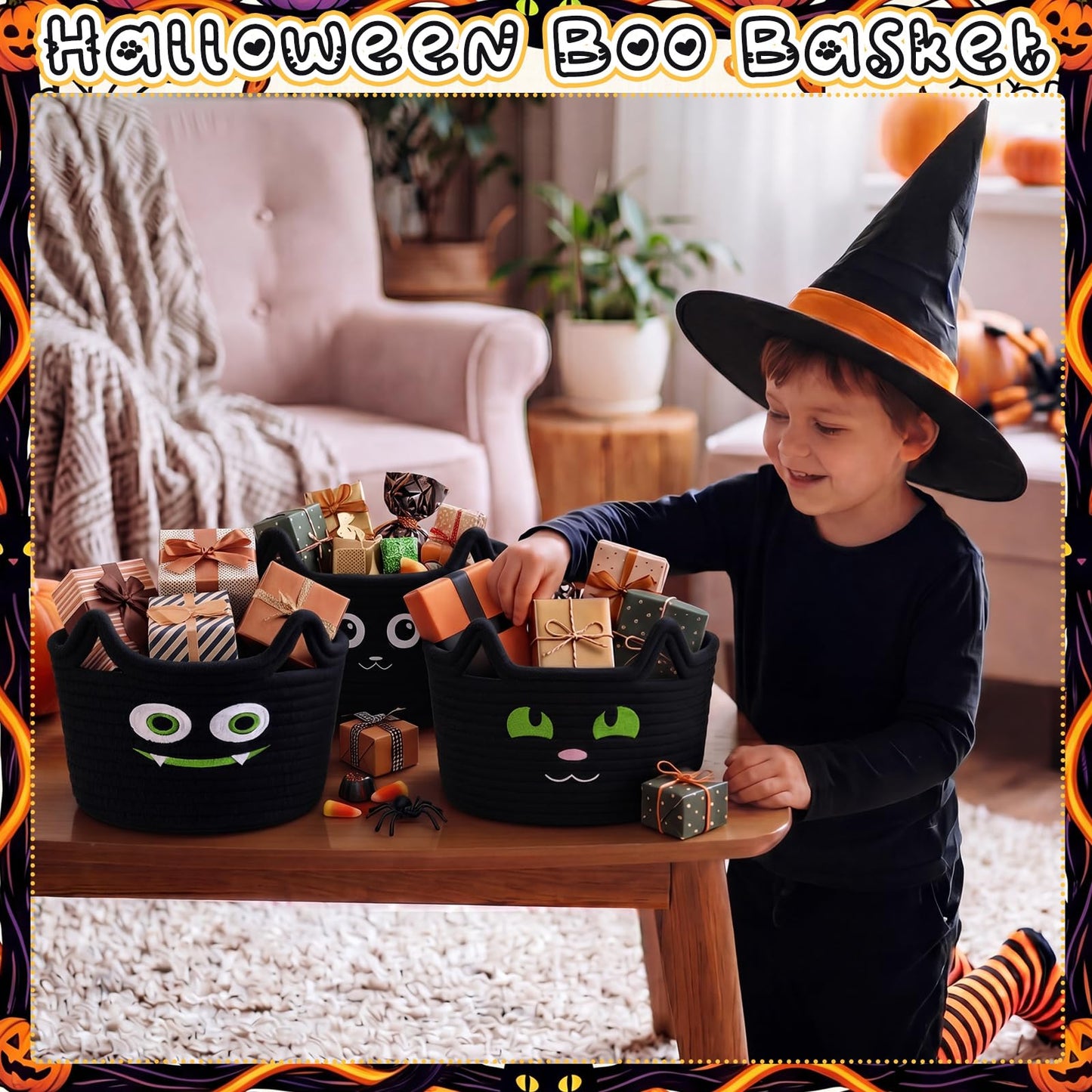 Yungyan 3 Pcs Black Cat Baskets, Woven Cotton Rope Cat Storage Bin Organizer, Trick or Treat Candy Bowls, Boo Gift Basket, Halloween Party Supplies for Laundry, Baby, Towels, Blankets, Animal
