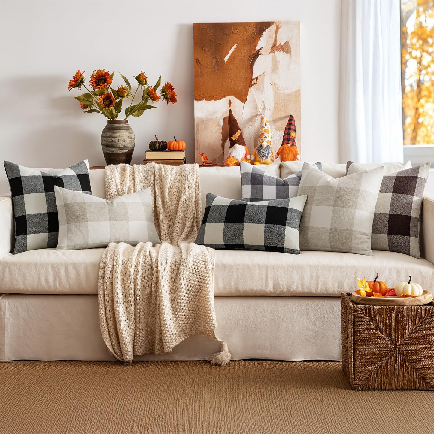 MIULEE Halloween Pack of 2 Farmhouse Buffalo Check Plaids Linen Throw Pillow Covers Soft Soild Decorative Home Decor Outdoor Cushion Case for Sofa Bedroom 18 x 18 Inch, Black and White