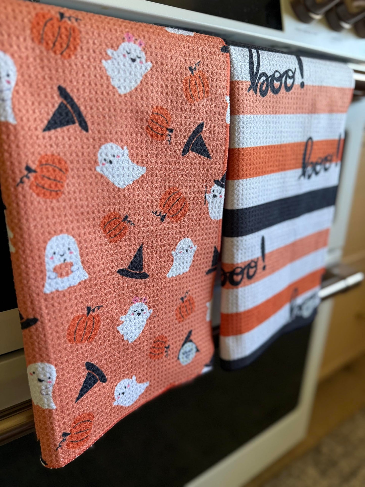 Desert Aqua 2 Pack || Double Sided|| Not Your Ordinary Kitchen Towels || Dish Towels || Quick Dry || Waffle Weave Microfiber || Designer Prints || Highly Absorbent || Hanging Hook (Halloween Boo)
