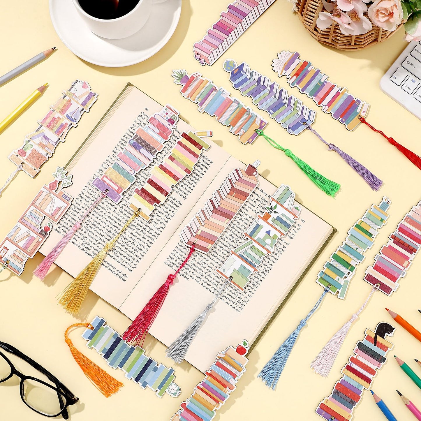 Kolldenn 60 Pcs Wooden Bookmarks for Book Lovers - 15 Designs With Tassel - Retro Bulk Bookmarks for Reading, Gifts for Men, Women, Teachers, Students - Birthday, Book Club, Party Favors