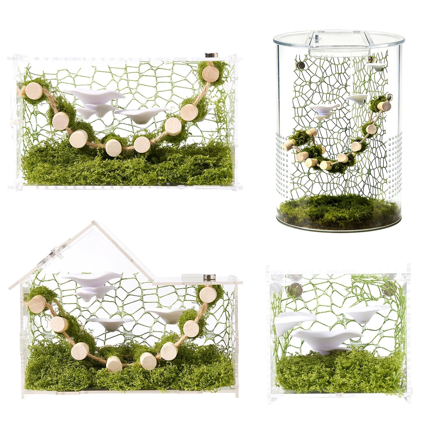 Swirge 6Pcs Jumping Spider Climbing Accessories Set, 1 Wooden Rope Bridge, 3 Mushroom Platform, 2 Climbing Net Decoration