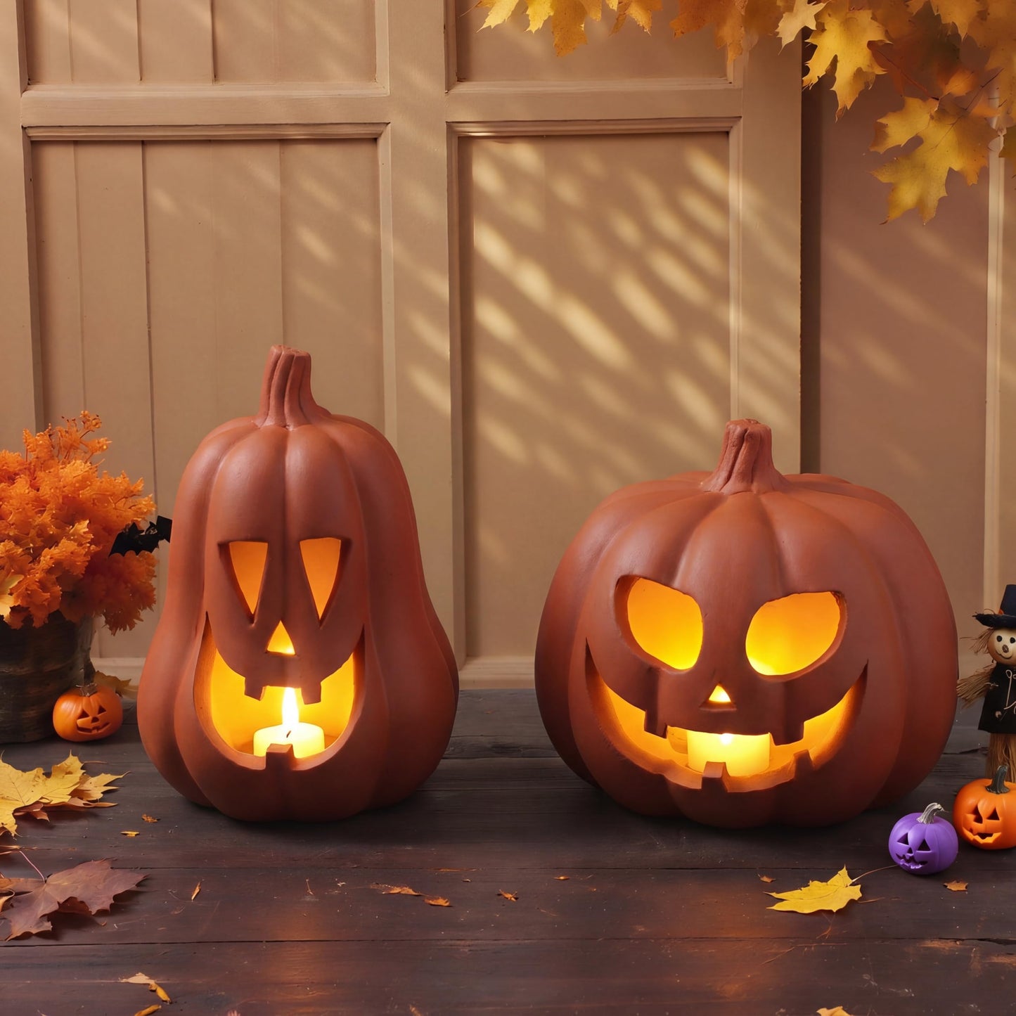 Tioncy 2 Pack Terracotta Pumpkin Decoration Handmade Clay Pumpkin Jack-o-Lantern Halloween Tealight Holder Rustic Farmhouse Fall Home Decor for Table Porch Mantel Indoor Centerpieces(Dark Orange)