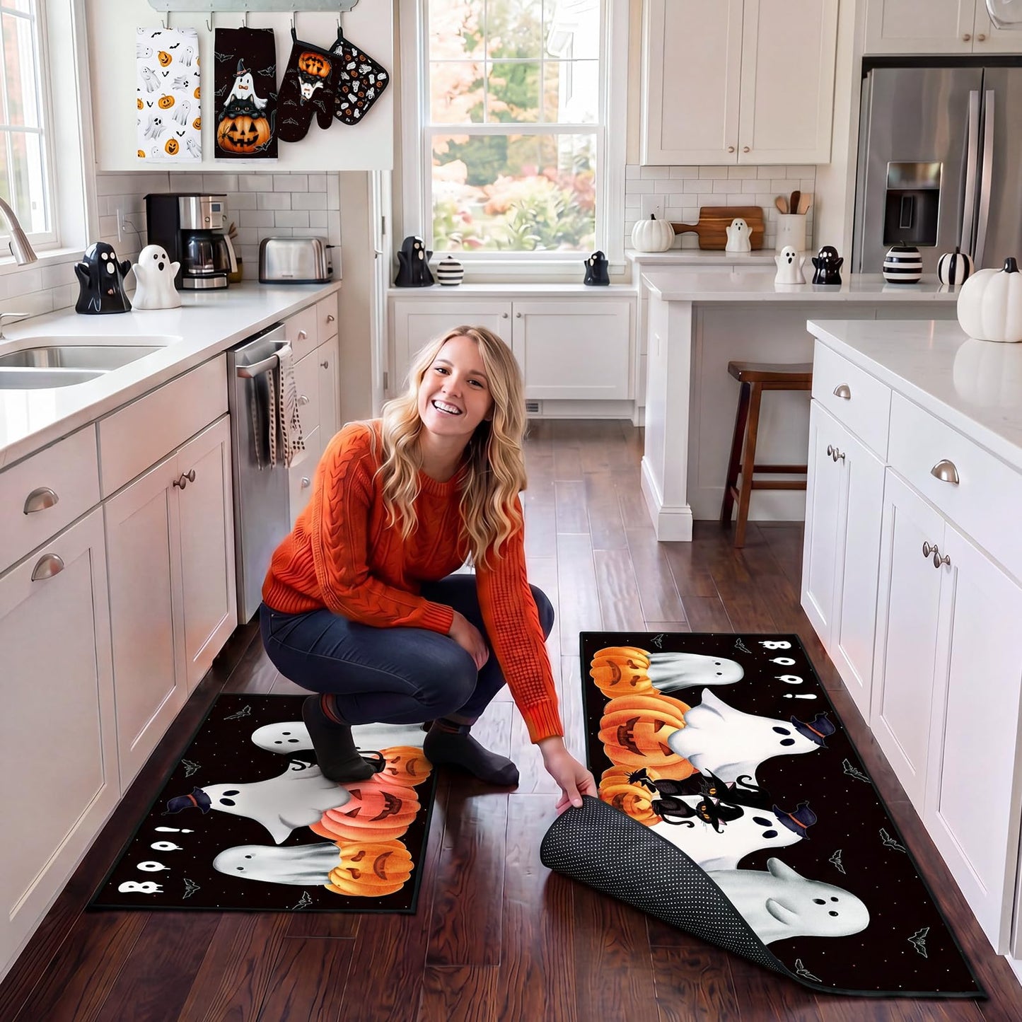 Fourluoo 10 Pcs Halloween Ghost Kitchen Decor Set Kitchen Rugs Dish Towels Oven Mitts and Pot Holders Set Ghost Decorations for Halloween Cooking Baking Grilling