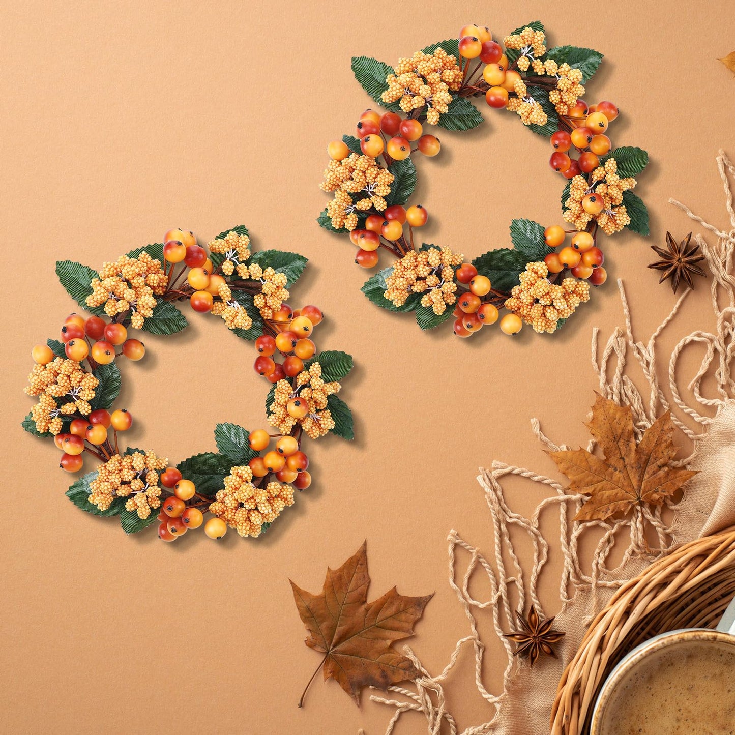 Suncalla 2 Pack Fall Candle Rings Wreath 6 with Artificial Berry Leaf Acorn Wreath for Mini Candle Rings Thanksgiving Fall Wedding Rustic Seasonal Decoration (Berry)