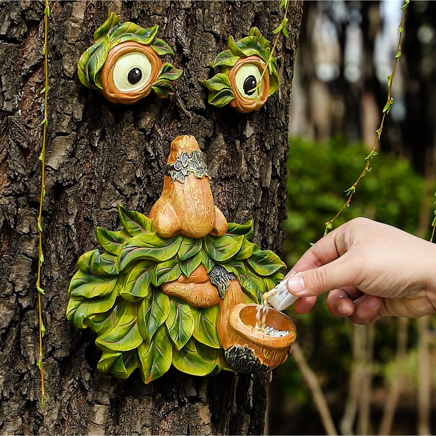 Flytime Tree Face Decor Outdoor,Whimsical Outdoor Art with Bird Feeder,Tree Hugger Bark Ghost Face Decoration Funny Yard Art,Garden Creative Decoration (8 INCH)