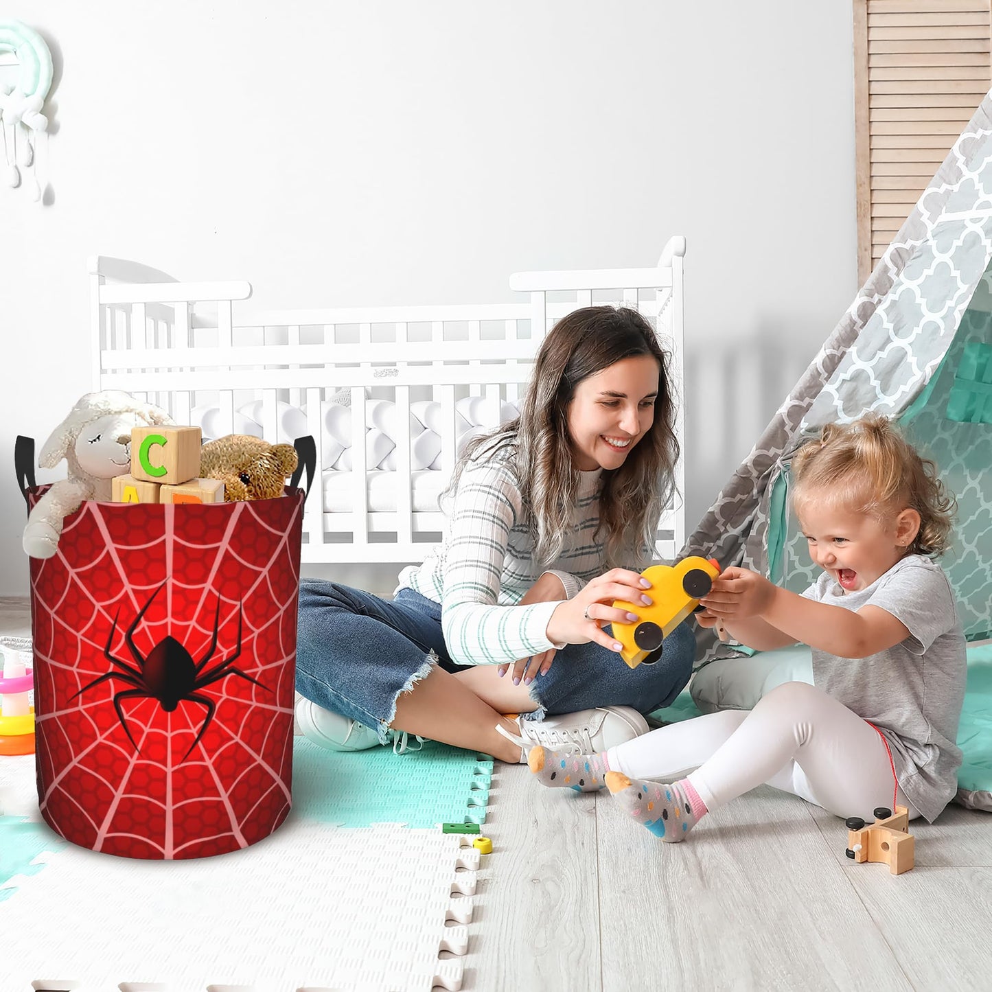 Laundry Basket, Dirty Clothes Basket, Foldable Waterproof Oxford Cloth Storage Basket for Bedroom, Bathroom, Clothes,Large Storage Basket Home Decoration(Red Spider Web)