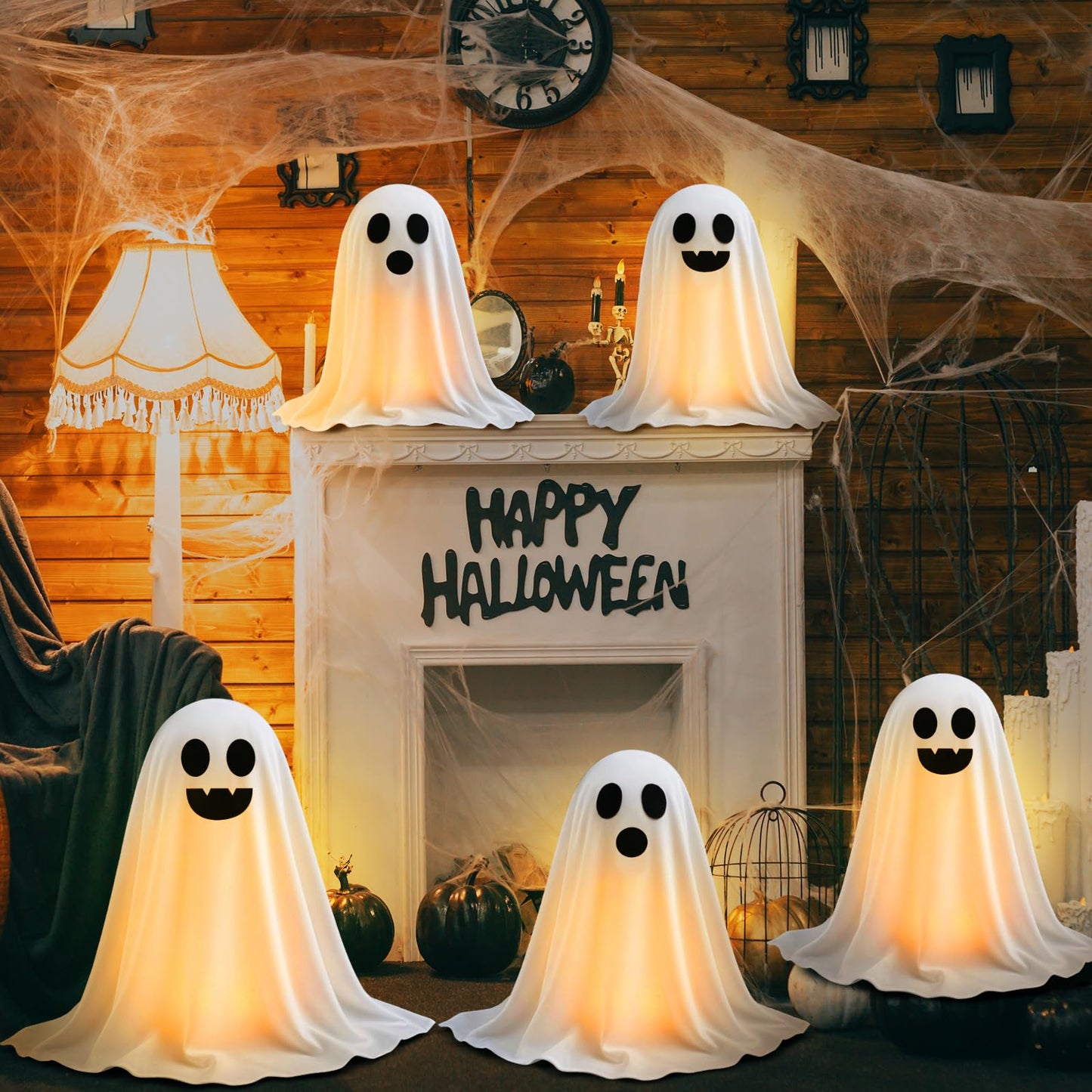 WinnerWhy Set of 5 Halloween Ghost Decoration 14" 11" 9" Ghosts Table Centerpieces with LED Candles with Metal Stand Spooky Halloween Tabletop Crafts for Party Indoor Home Room Kitchen Office, 3 Sizes