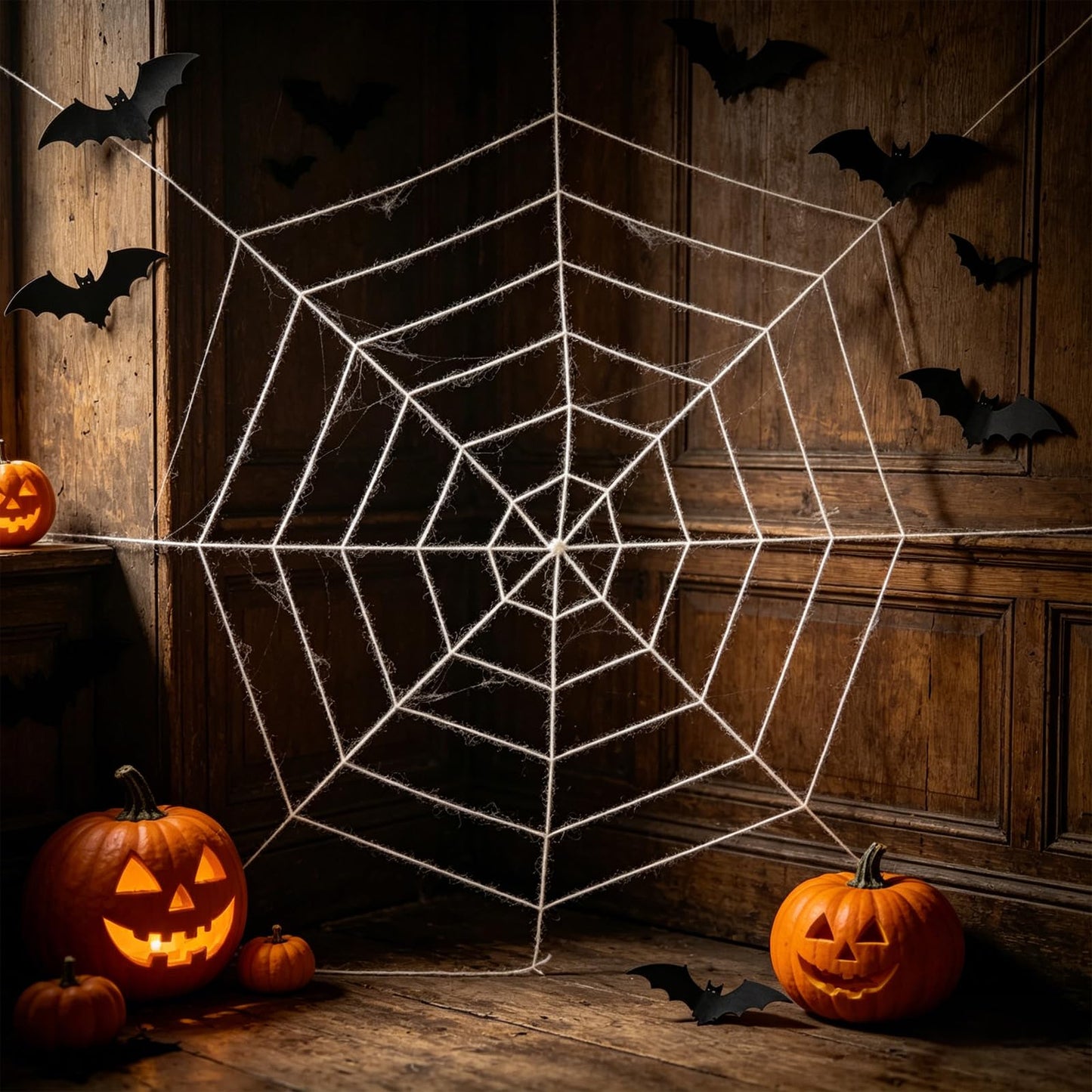 Vavious Spider Web Decoration 4.9ft Stretch Spiderweb Halloween Decorations Giant Round Spider Webs with Realistic String Rope Scary Haunted House Outdoor Wall & Yard Decor White 4pcs