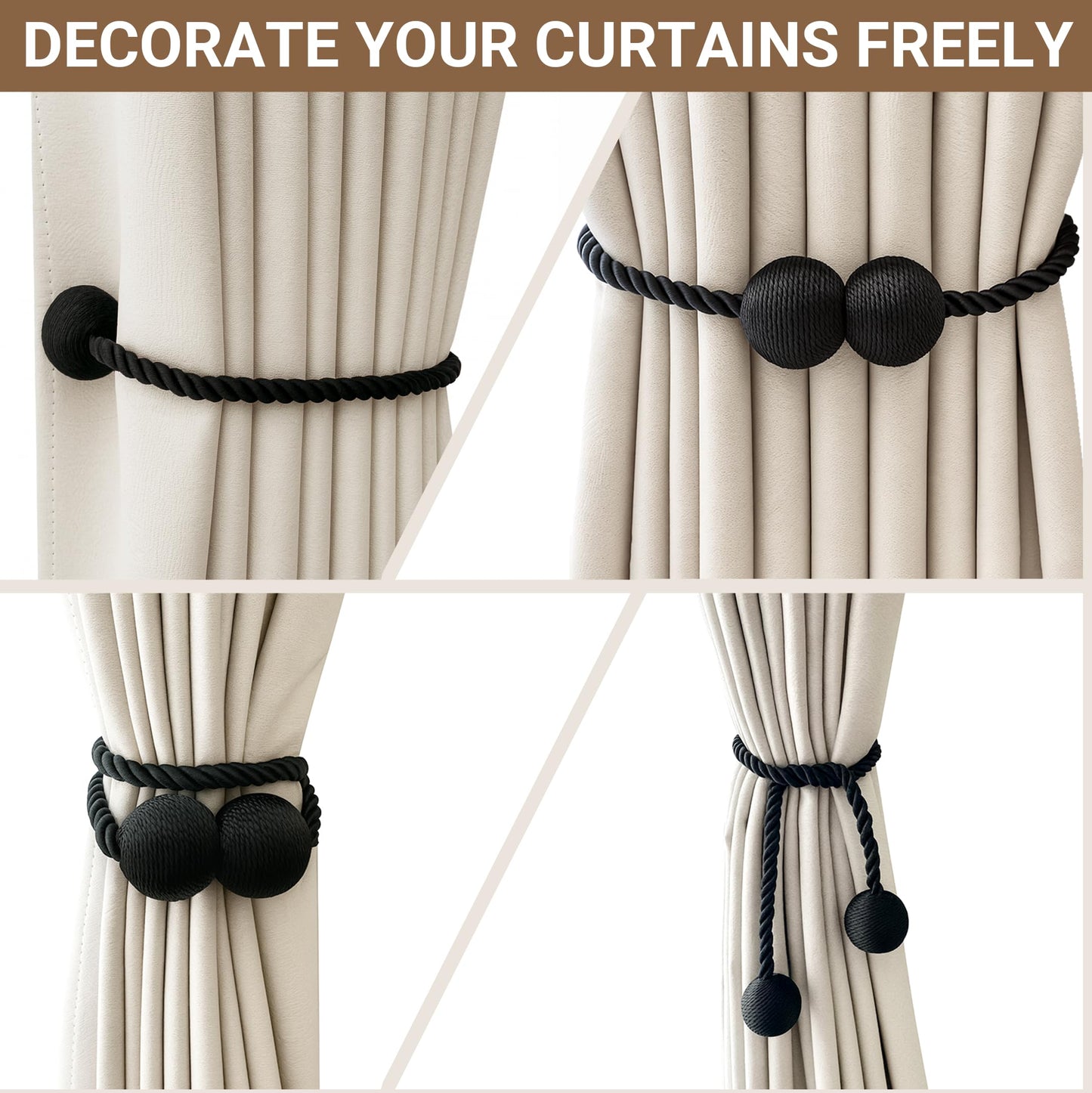Hion Magnetic Curtain Tiebacks Black 6 Pack, Curtain Tiebacks Buckles Holdbacks Holders Hooks Clip for Home Bedroom Office Decorative Thick or Thin Curtain