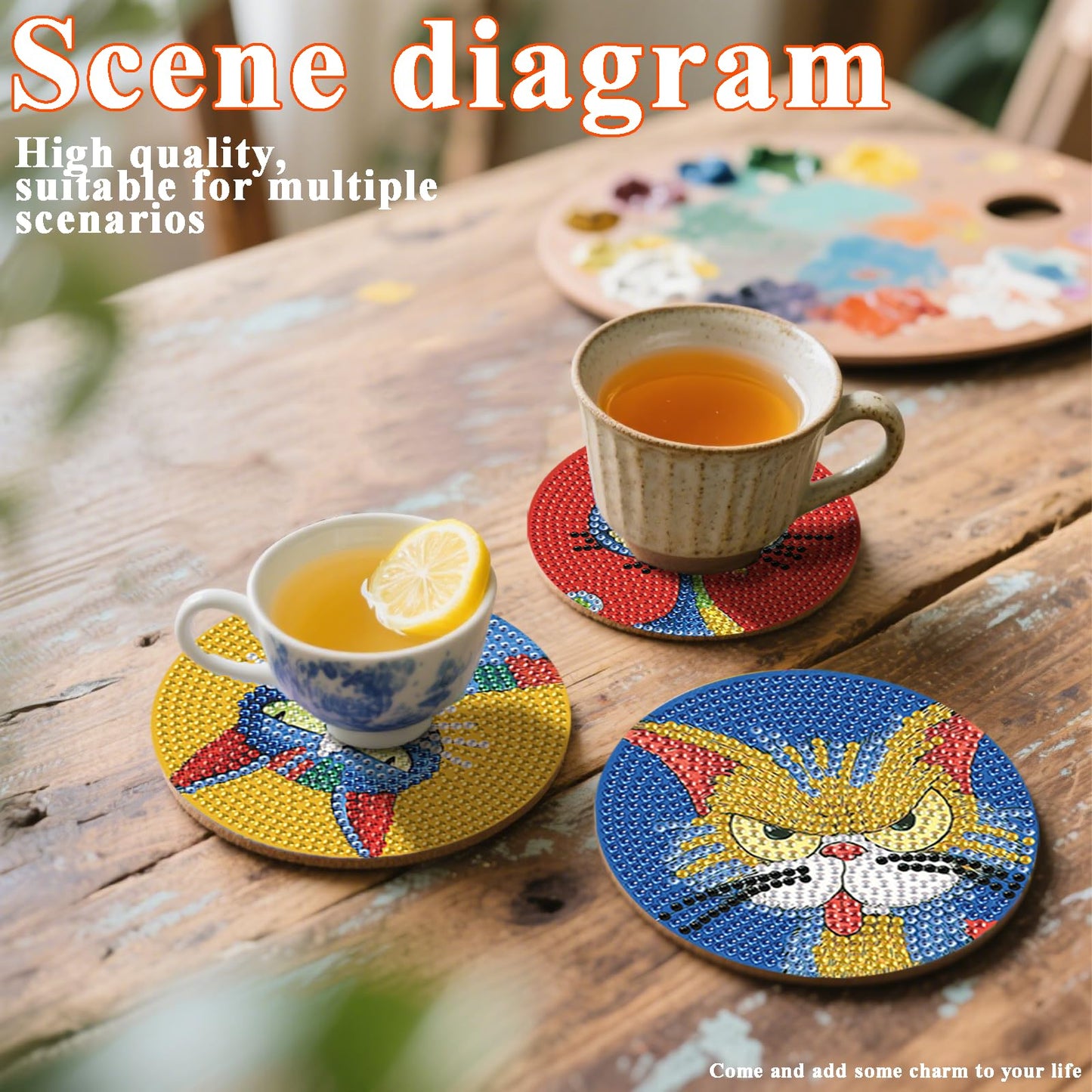DOTSOPS Cat Diamond Art Coaster with Holder 5D Diamond Painting Kits for Adults Round Full Drill Beginners Gem Dots Craft Arts Supplies Party Home Decor 8PCS