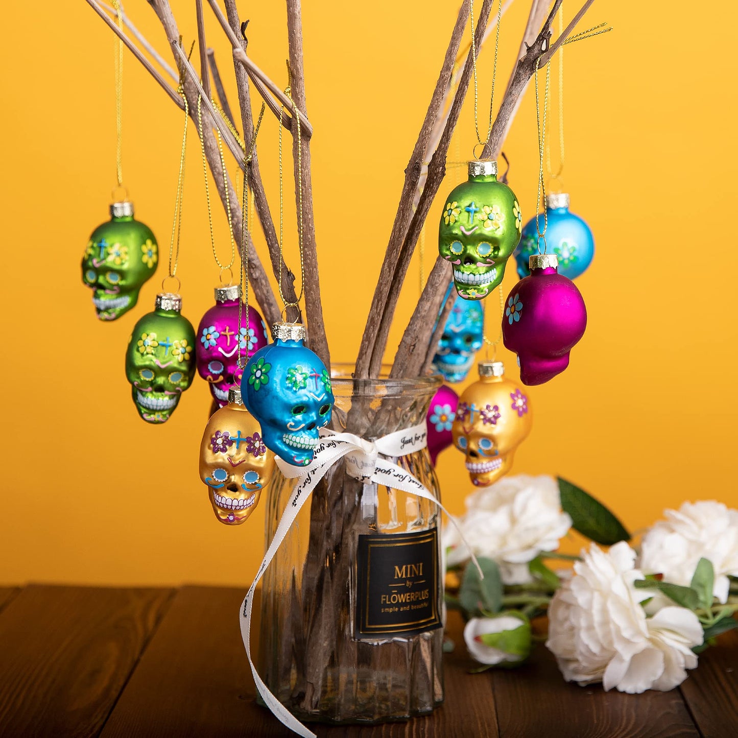 Watayo 12 PCS Day of The Dead Glass Ornaments, Dia De Los Muertos Sugar Skull Ornaments, Halloween Hanging Skeleton Head Decorations for Party Xmas Tree Decoration
