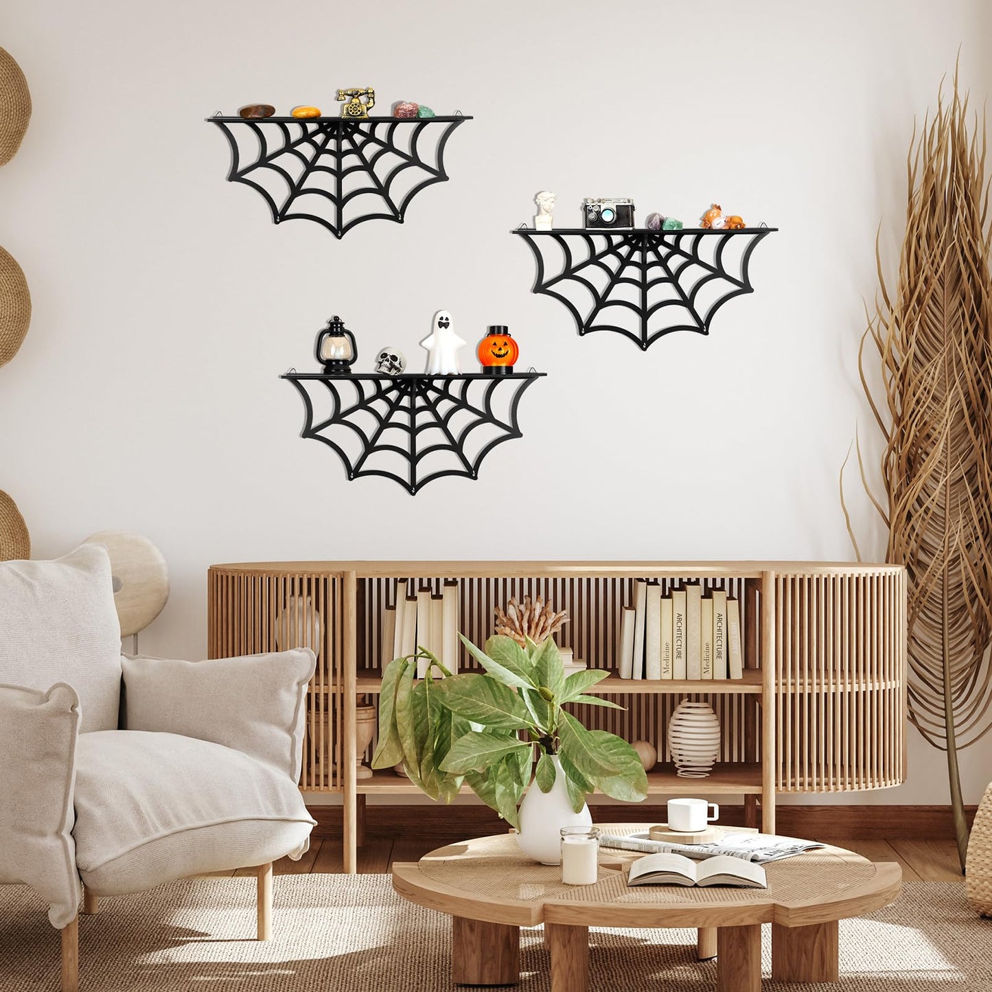 Geetery 3 Sets Gothic Spider Web Shelves, Wall Mounted Goth Shelf, Display Shelf for Crystal and Stones, Wooden Floating Shelf with Hooks for Bedroom Living Room, Halloween Witchy Hanging Decor