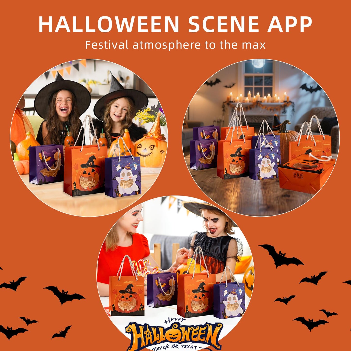 CcXxMming 30 PCS Halloween Treat Bags with Handles and Raffia Grass, 3 Designs Pumpkin Ghost Bat, Small & Medium Sizes, Halloween Candy Goodie Bags with Transparent Window, Party Favor Bags(Medium)