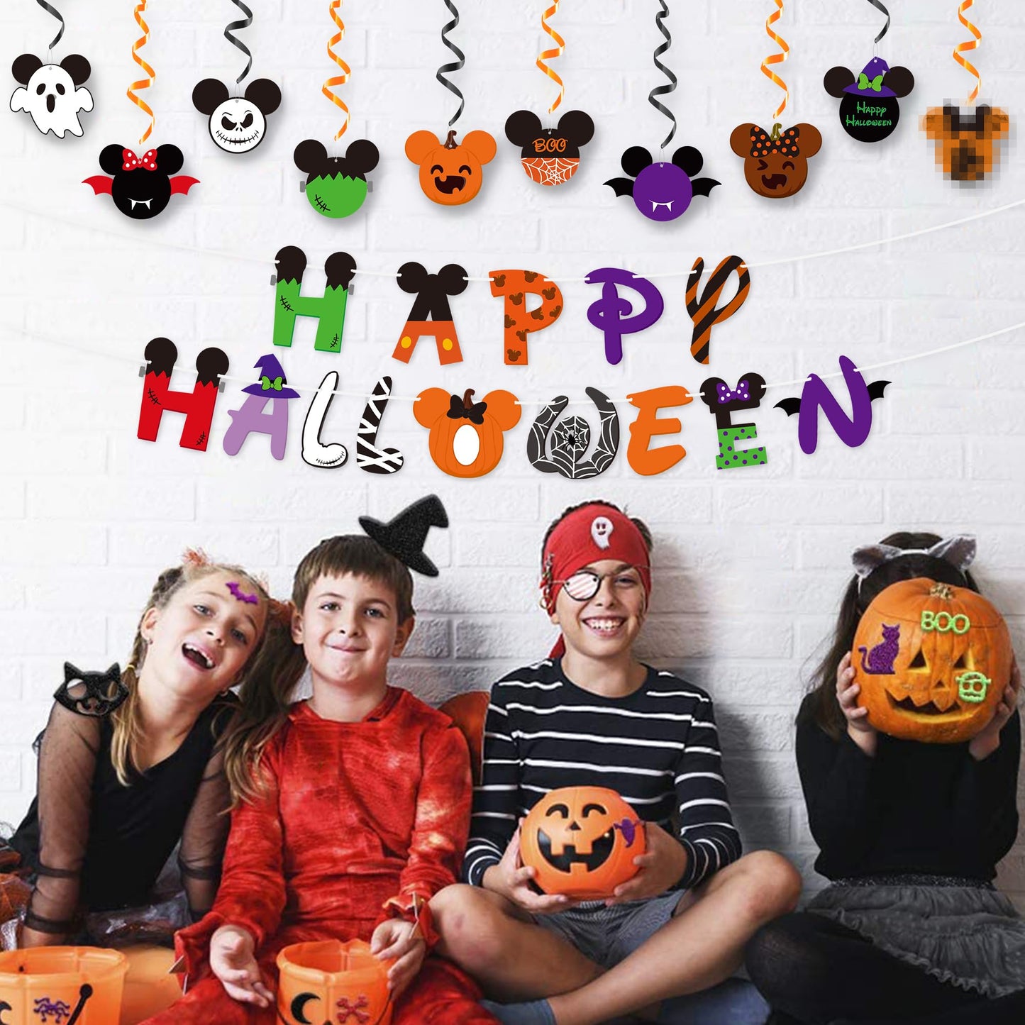 Aginc Beery Mouse Happy Halloween Banners with Hanging Swirls for Kids, Mouse Zombi Spider Elements Hanging Streamers Decors, Halloween Trick or Treat Party Decor Supplies, Halloween Theme Party Decor