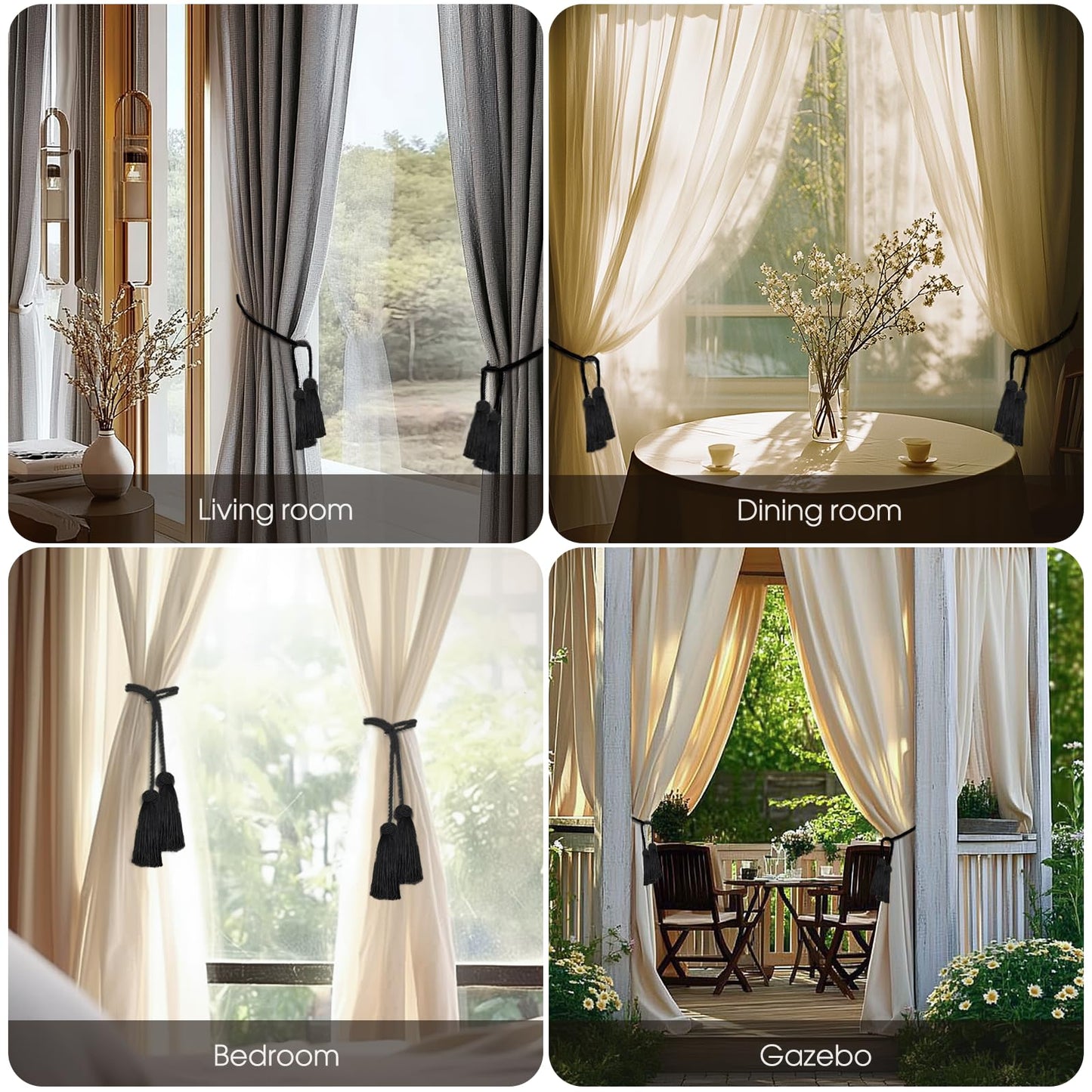 4 Pack Curtain Tassel Tiebacks, Curtains Tie Back Rope with Tassels, Handmade Decorative Curtain Holdbacks for Window Drapes - Black