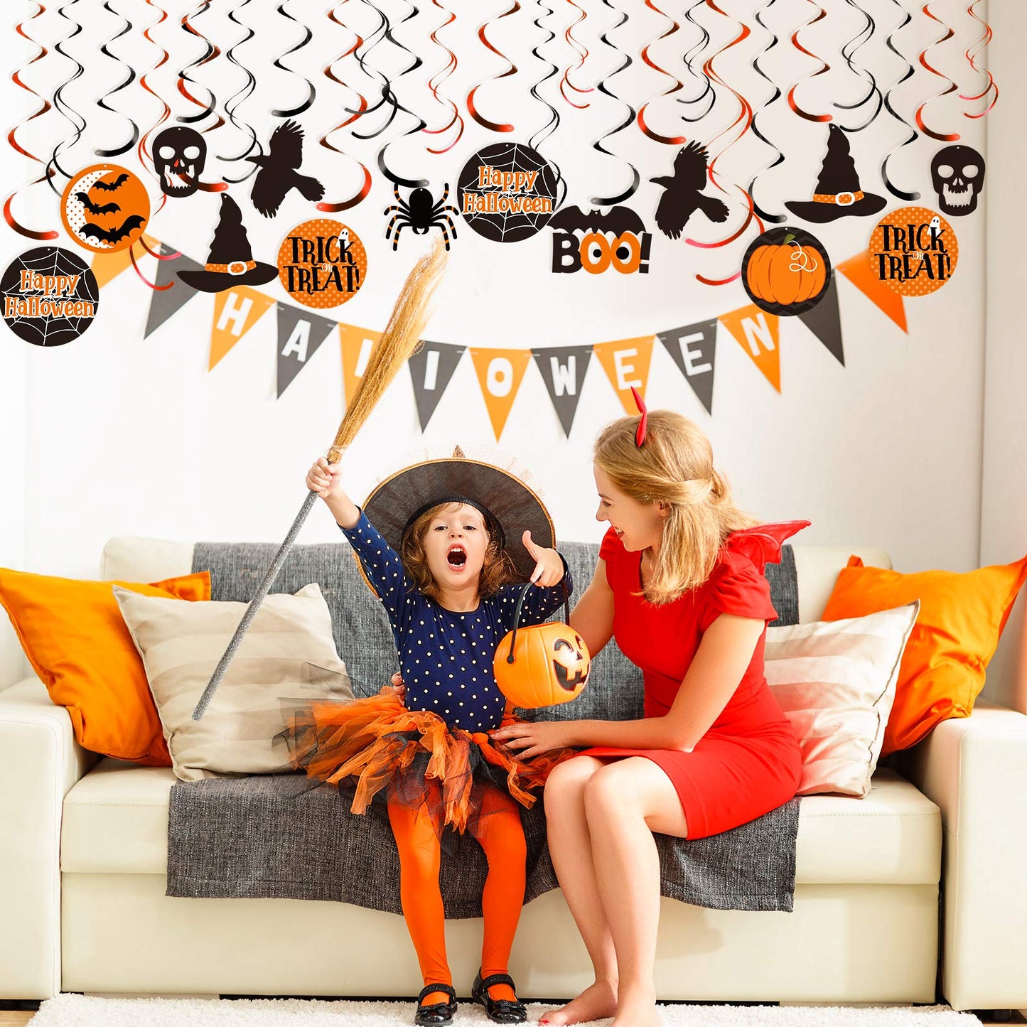 Blulu 50 Pcs Halloween Ceiling Decorations Halloween Hanging Swirl Witch Bat Boo Pumpkin and Spider Trick Foil Swirl Hanging Decorations Streamers Ceiling for Home Indoor Outdoor Party Office