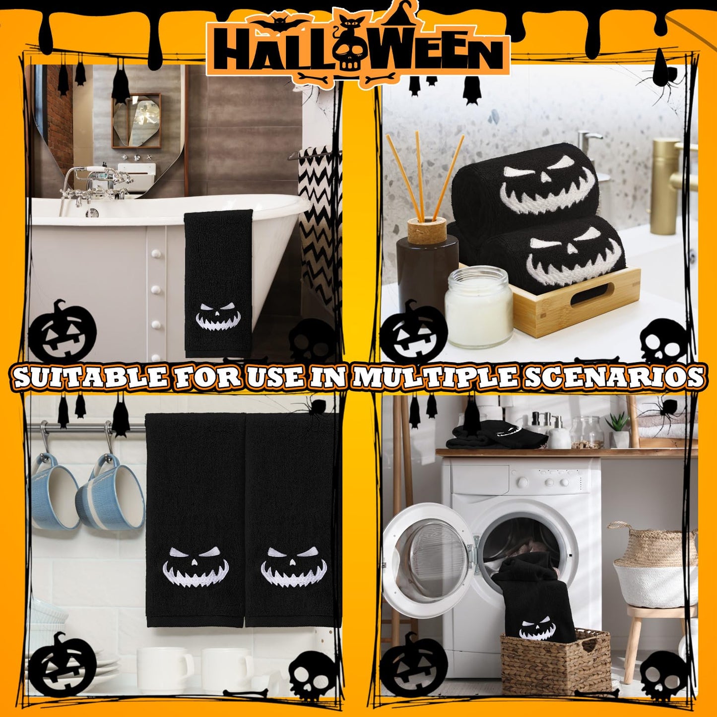 Fanfanwin 3 Pcs Halloween Bath Hand Towels 13.7 x 29.5 Inch Embroidered Decorative Hand Towel Kitchen Towels 100% Cotton Towel Decor for Holiday Bathroom(Black,Pumpkin)