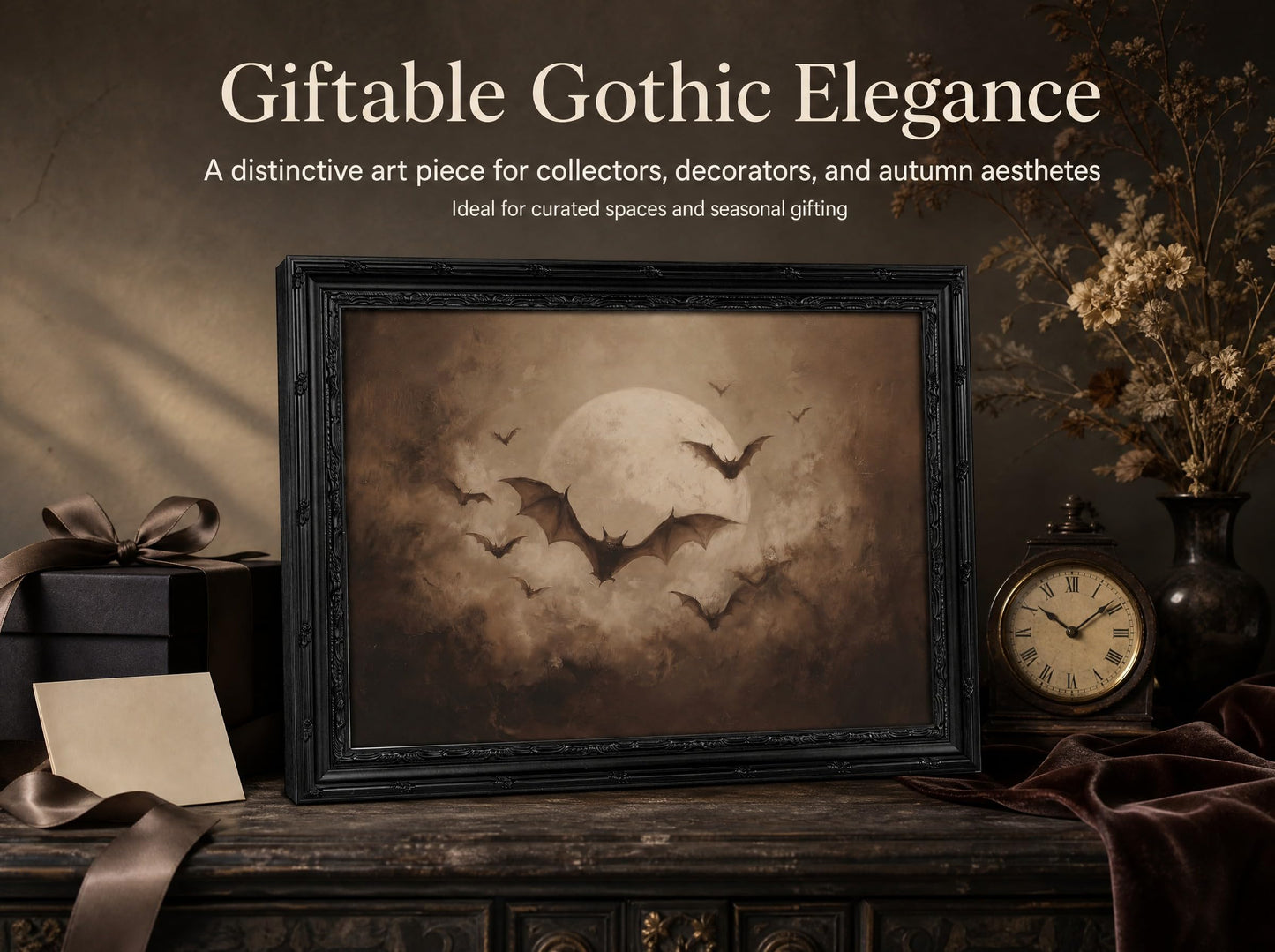 KKP Vintage Gothic Bats Full Moon Wall Art, Dark Academia Halloween Picture