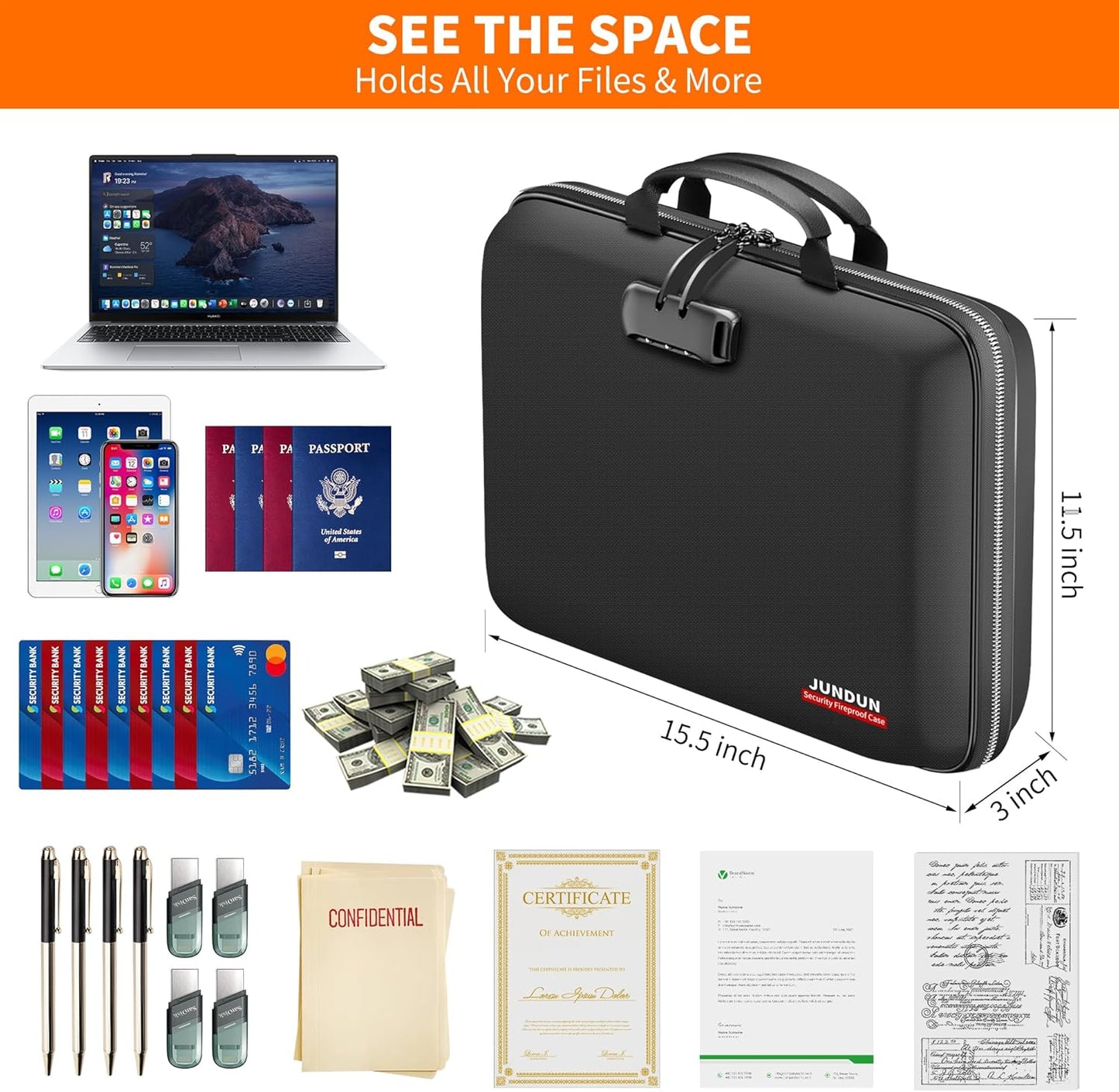 JUNDUN Fireproof Document Box with Lock & Shoulder Strap,Hard Shell Case Document Organizer with 13 Pockets Accordion File Organizer,Portable Home Office Travel Safe Storage for Files Laptop and More