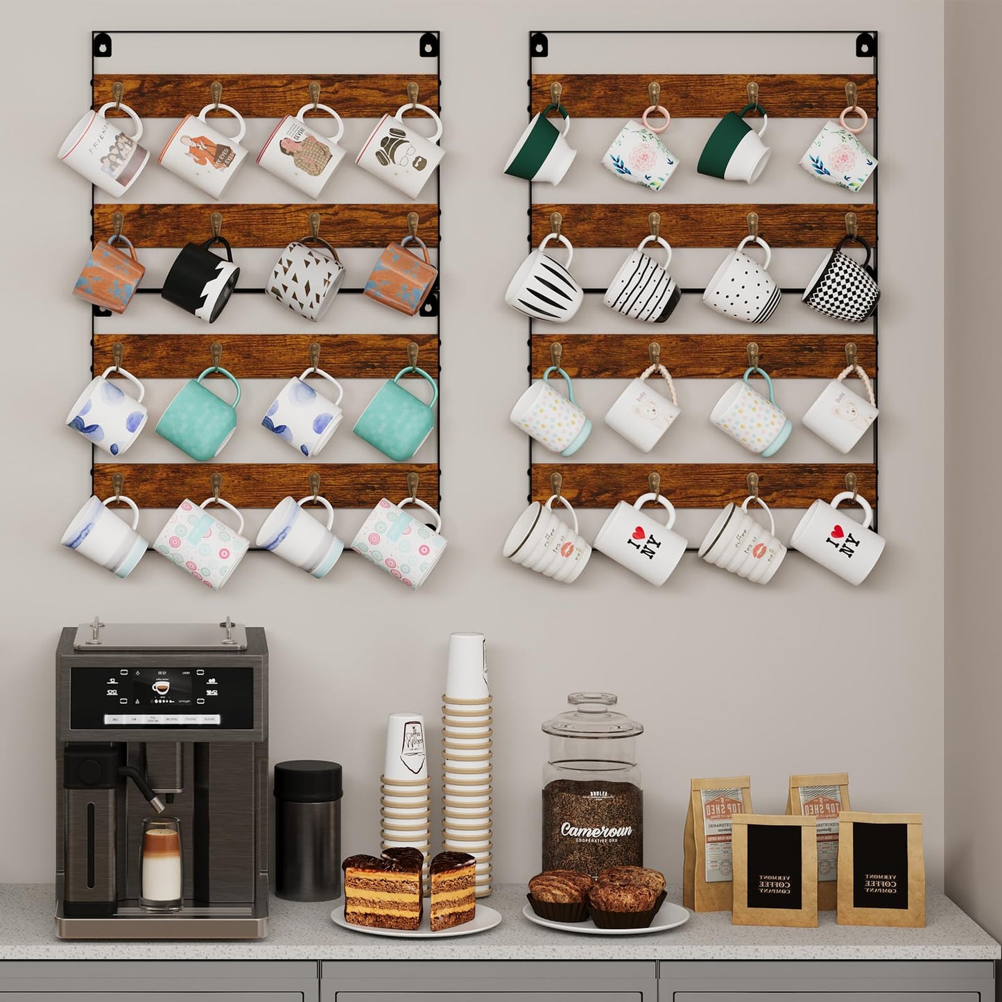 Rustic Wood Coffee Mug Rack - Wall Mount Cup Holder Shelf Storage for Kitchen, Home, Bar, Office (4 Pack, Holds 32 Mugs)