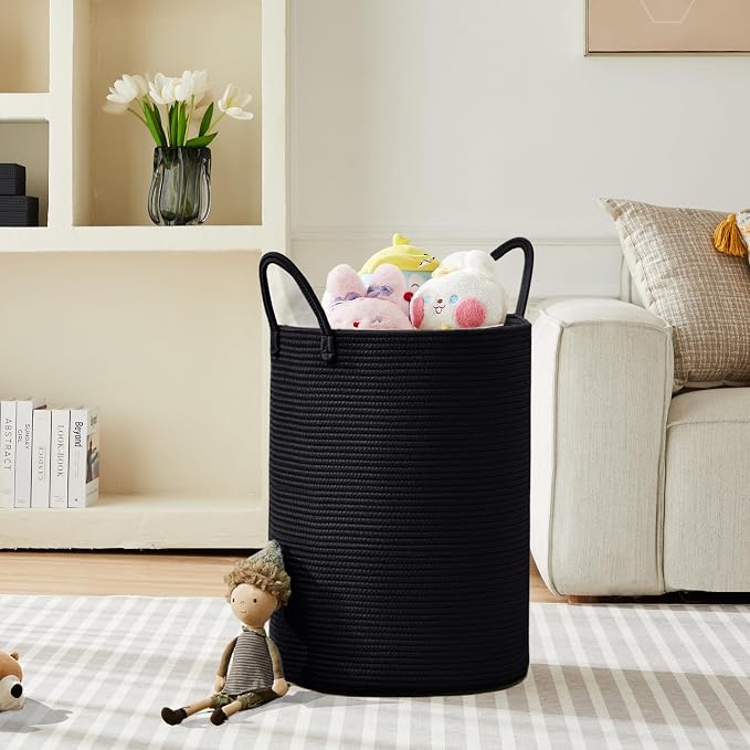 80L Extra Large Black Laundry Hamper Tall Woven Rope Laundry Basket for Clothes Modern Blanket Storage Basket in Living Room Bedroom 16"L x 16"W x 22"H