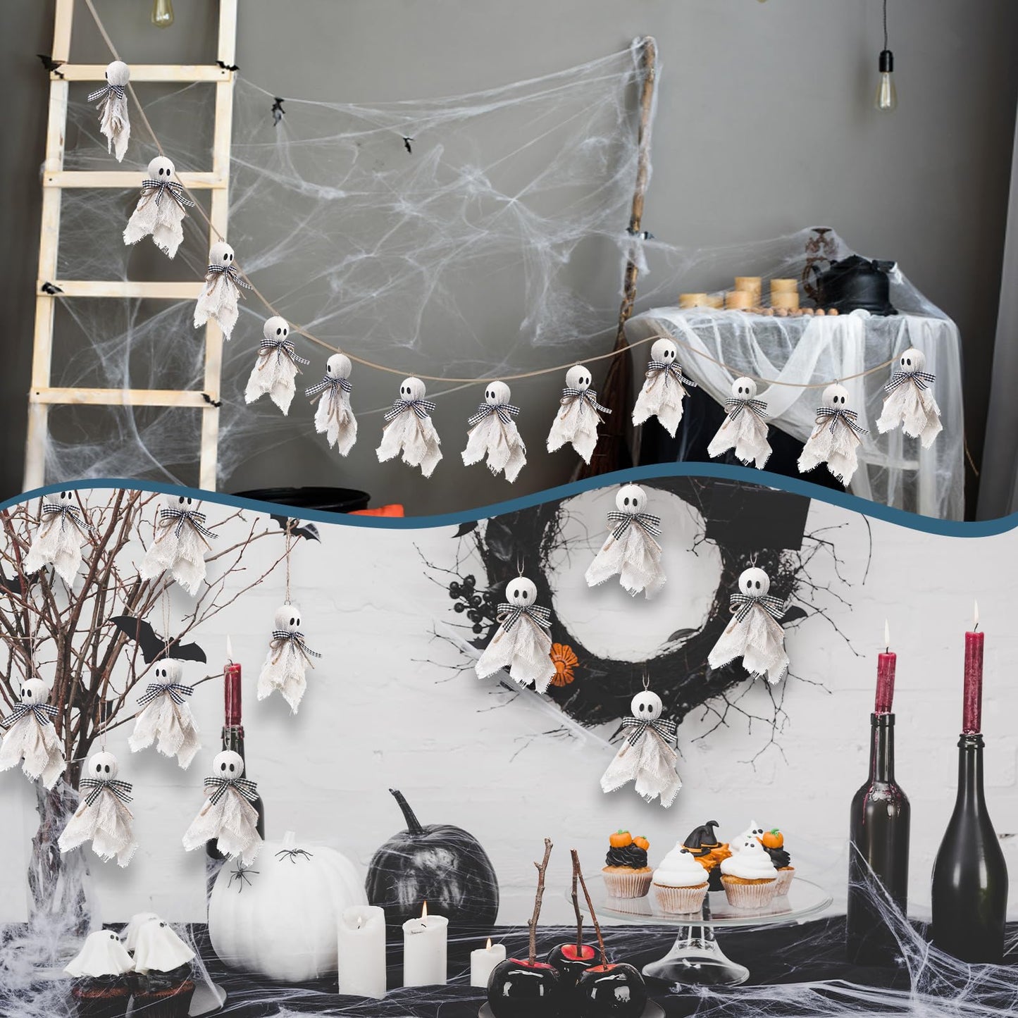 Leinuosen 16 Pcs Halloween Ghost Hanging Ornaments 4 Inch Small Hanging Ghost Tree Ornaments Farmhouse Rustic Boo Decoration for Haunted House Party Front Yard Porch Patio Lawn Garden Decor