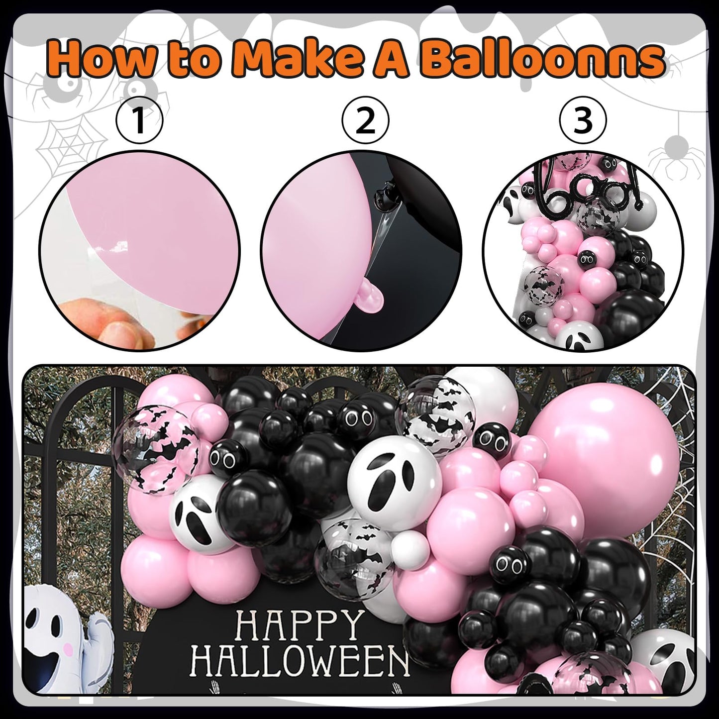 Halloween Balloon Arch Kit, Black Pink Balloons Garland Arch Kit with Large Ghost and BOO Foil Balloon, Eyes Bat Ghost Printed White Balloons For Halloween Decorations Home Garden Party Supplies
