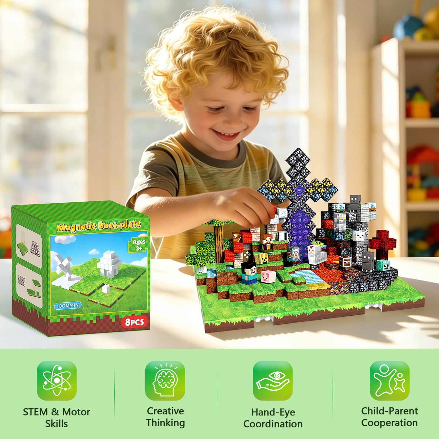 Annexfun Magnetic Blocks Base Plate,8PCS Magnetic Cubes Base-Plate for Magnetic Building Blocks Placing(4" x 4"),STEM Toys for Kids 3-10 Years Old,Perfect for Home Classroom Birthday Gifts