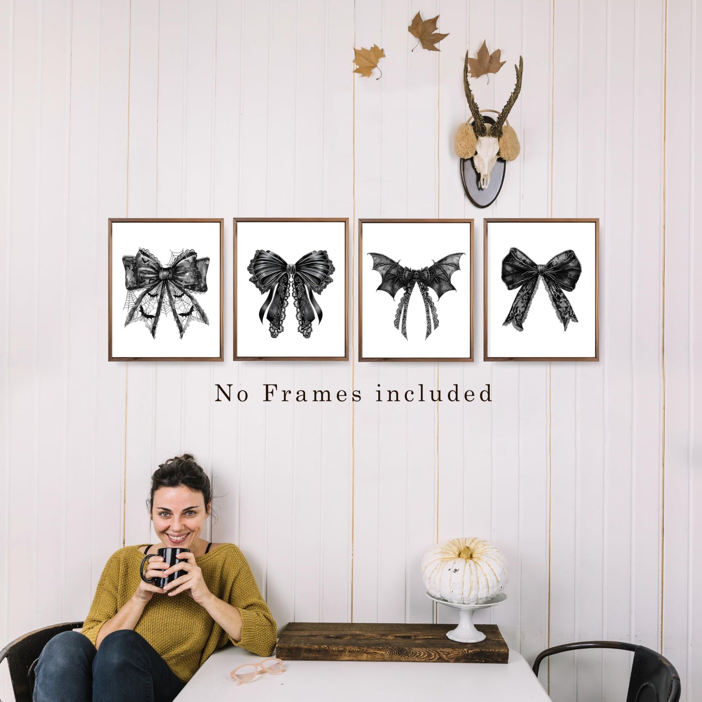 JWVK Coquette Halloween Black Lace Bow Bats Wall Art Prints Set of 4, Gothic Halloween Decor, Halloween Wall Decorations, Dark Academia Halloween Posters Wall Decor for Home Office, 8x10 Unframed