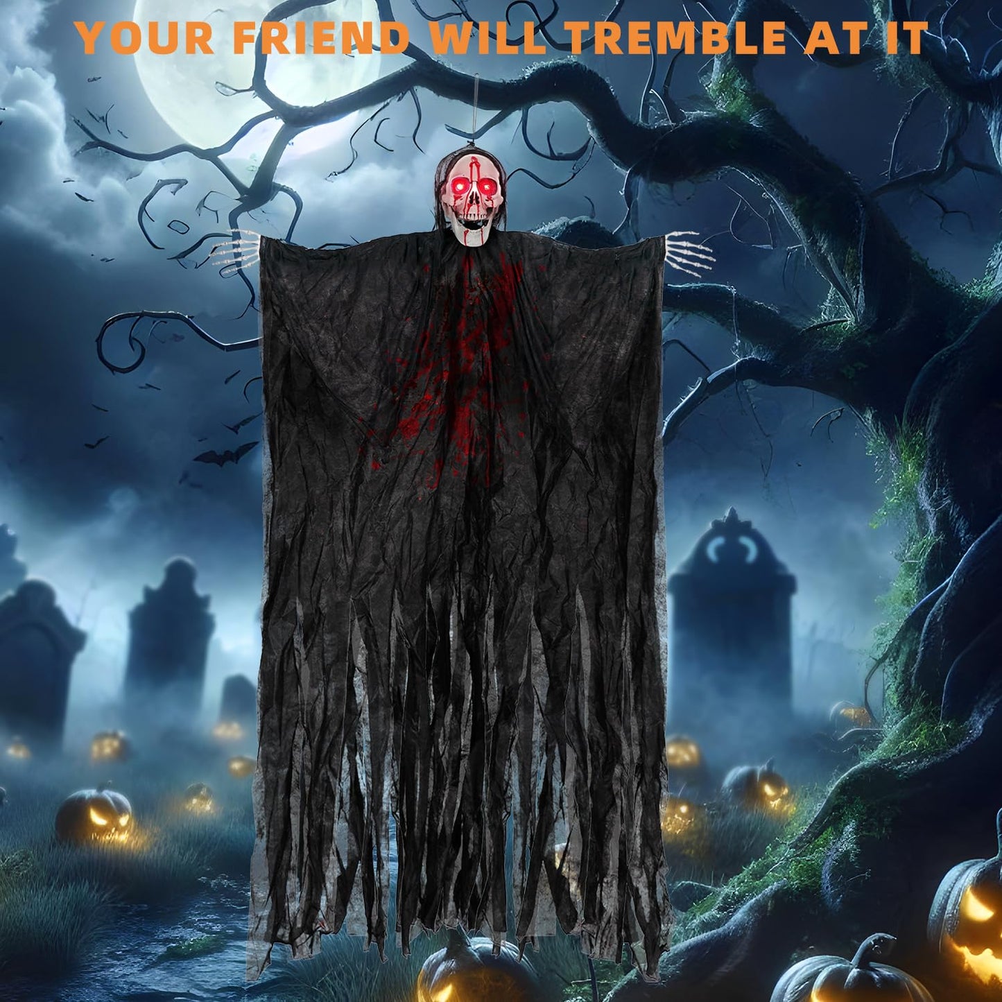 Kendane Halloween Decorations Outdoor and Indoor,67" Scary Hanging Ghosts,Halloween Grim Reaper Skeleton with Light-Up Eyes and Creepy Sound,Party Decorations for Yard,Haunted House Decor