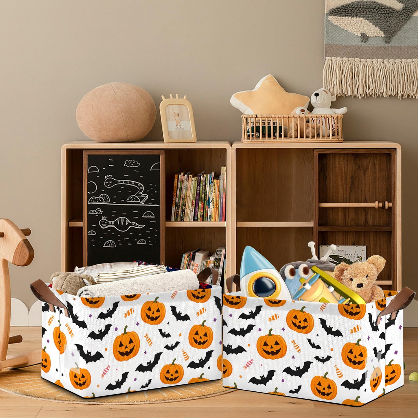 Masarua Halloween Pumpkin Bat Storage Baskets,Candy Foldable Organizer Bin with Handles for Home Living Room Bedroom Closet Box 17x11.5x10Inch