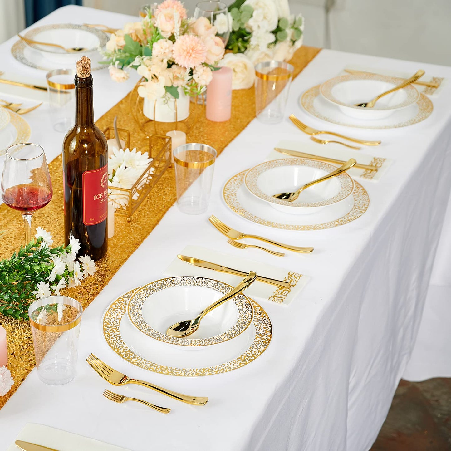JOLLY PARTY 60 Disposable Gold Plastic Dessert Bowls, 12 oz Soup Bowls, Lace Christmas Thanksgiving Trim, Premium Heavy Duty Plastic Bowl for Wedding/Party (Gold)
