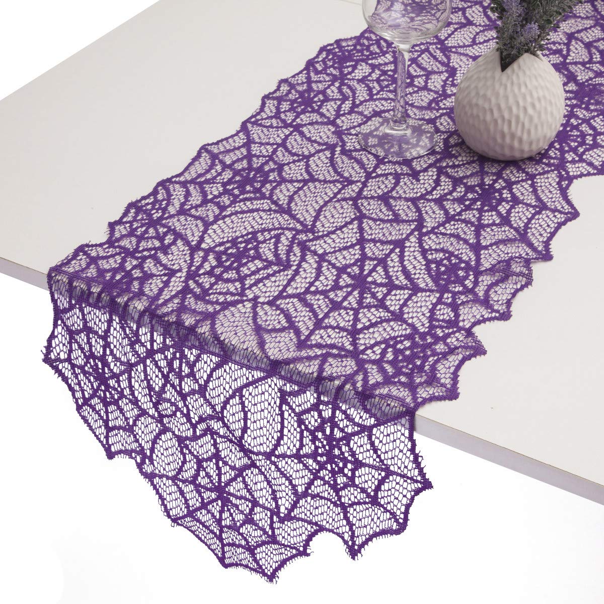 rockcloud Lace Table Runner Spiderweb Fireplace Mantle Scarf Cover for Halloween Party Scary Movie Nights Decoration, Purple